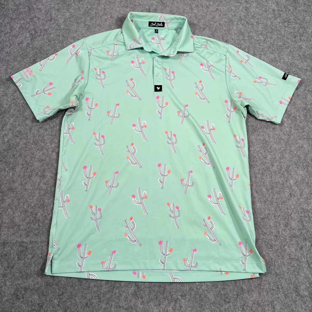 Bad Birdie Mint Green Cactilicious Short Sleeve‎ Polo Shirt Men's Size Medium